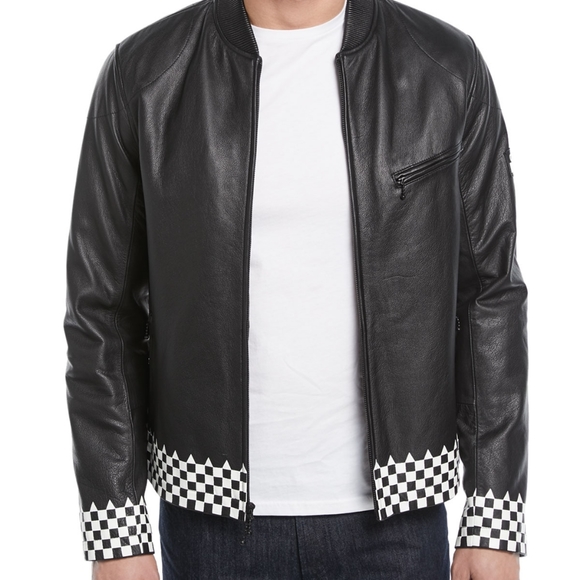 NWT Leather Ovadia & Sons Checker Print Biker Jacket - Picture 15 of 16